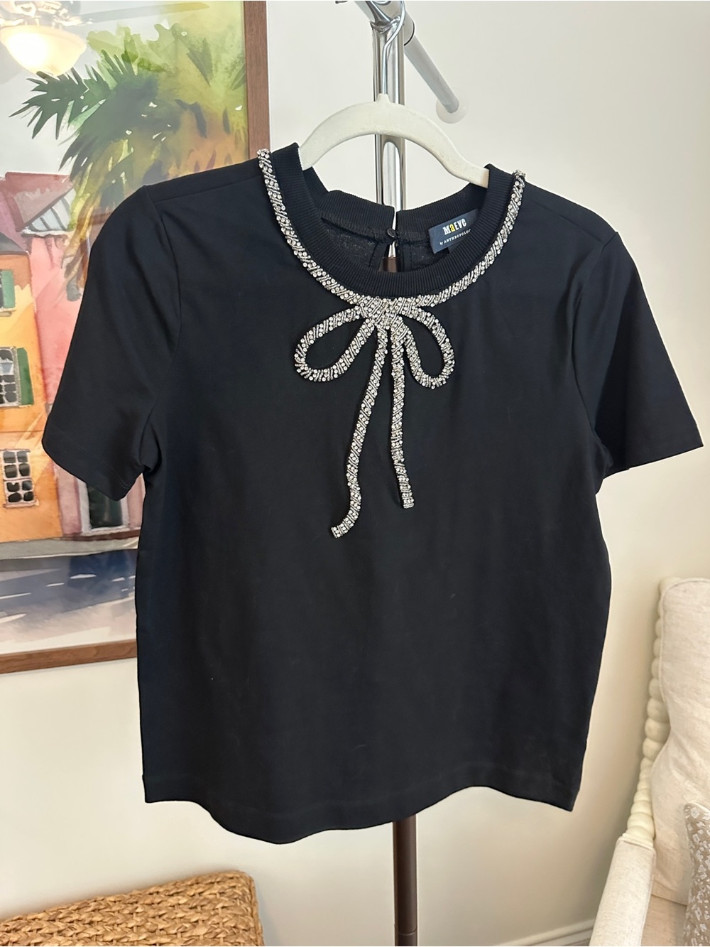 Anthropologie Maeve Black Short-Sleeve Tee with Crystal Bow Neckline size XS